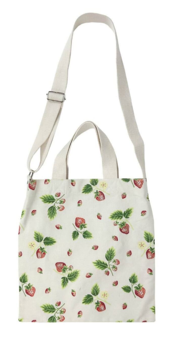 Large Strawberry Crossbody Reusable Tote Bag Canvas Ivory Adjustable  Strap NWT